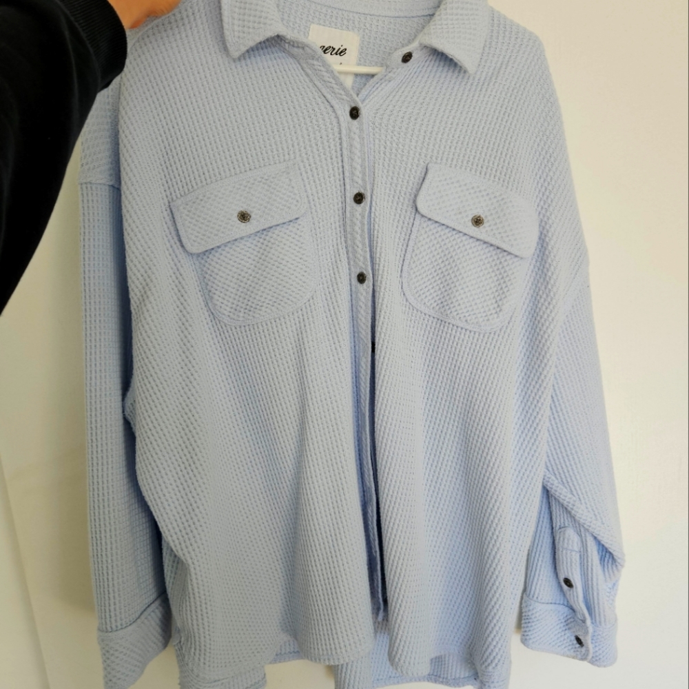 Lumberjack waffle, blue button-down aerie shirt.